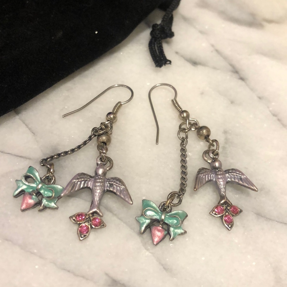 Antiqued Silver Bird & Bow Earrings-Boutique